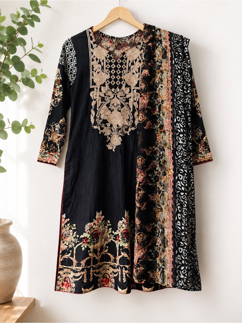 Black Floral Embroidered Tunic Dress
